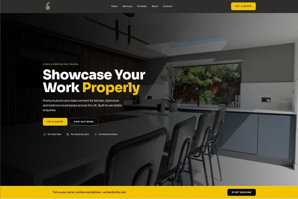 Grow My Trade homepage hero with kitchen showcase and primary calls to action