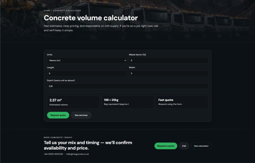 Mega Crete concrete volume calculator screen