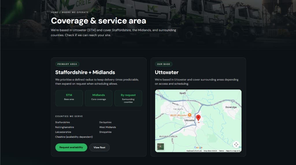 Mega Crete coverage and service area screen