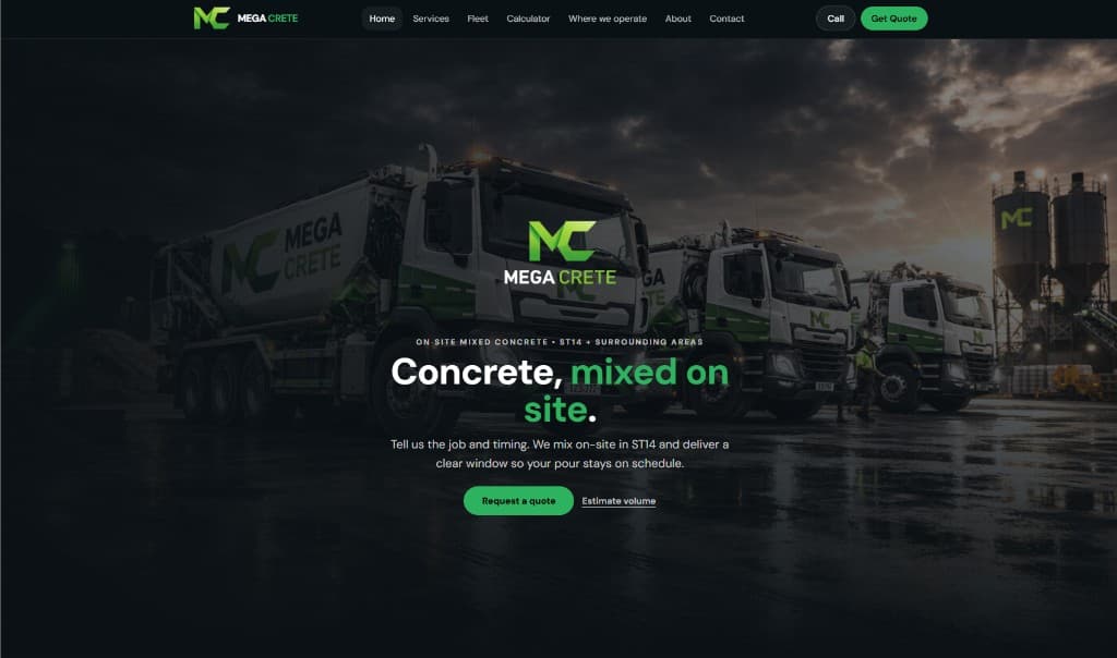 Mega Crete homepage hero section