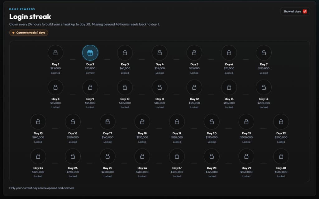 Visca Gaming daily rewards login streak view