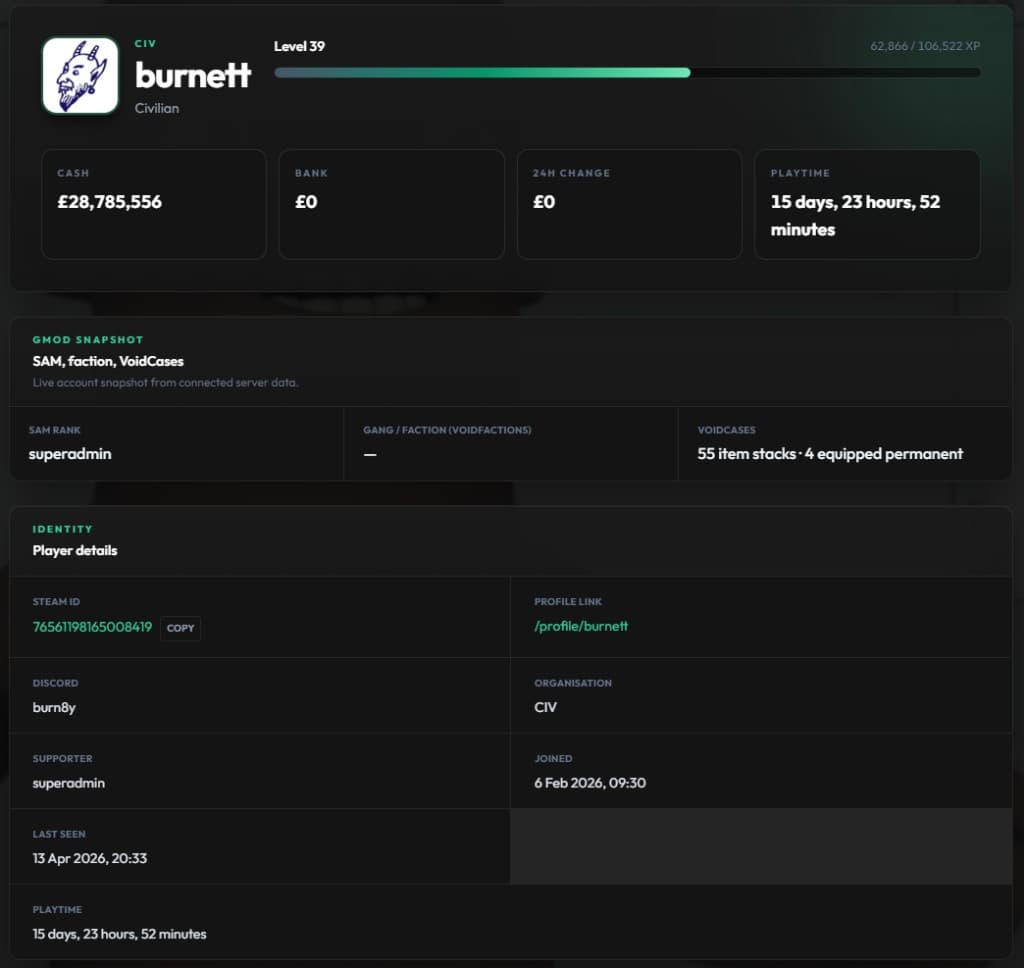 Visca Gaming player profile stats view